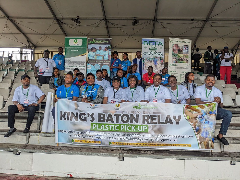 Environmental association leaders gather with the King's Baton Relay banner, uniting to tackle plastic pollution ahead of the 2026 Commonwealth Games.