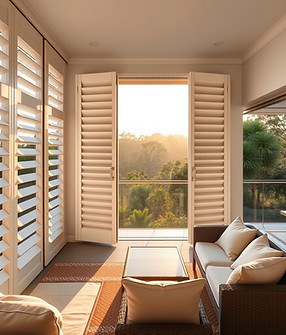 Luxury resort-style balcony enclosed with elegant white outdoor plantation shutters, shutt