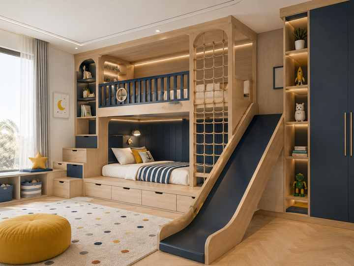Custom bunk bed with slide, climbing net and storage drawers — kids bedroom joinery by Adams Furniture in Dubai