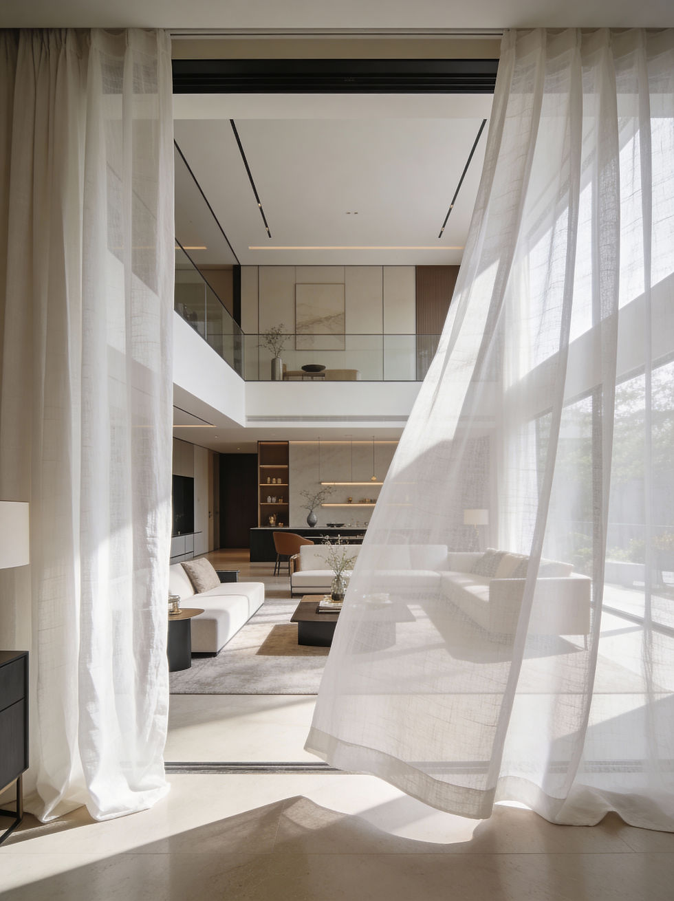 Soft, airy sheer curtains in Dubai for bright living and dining rooms. Custom made to measure, wall-to-wall and floor-to-ceiling with professional installation.