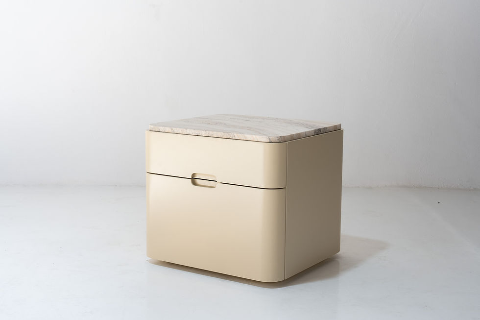 Thumbnail: Avena travertine bedside table in Dubai with curved design and genuine travertine top by Adams Furniture