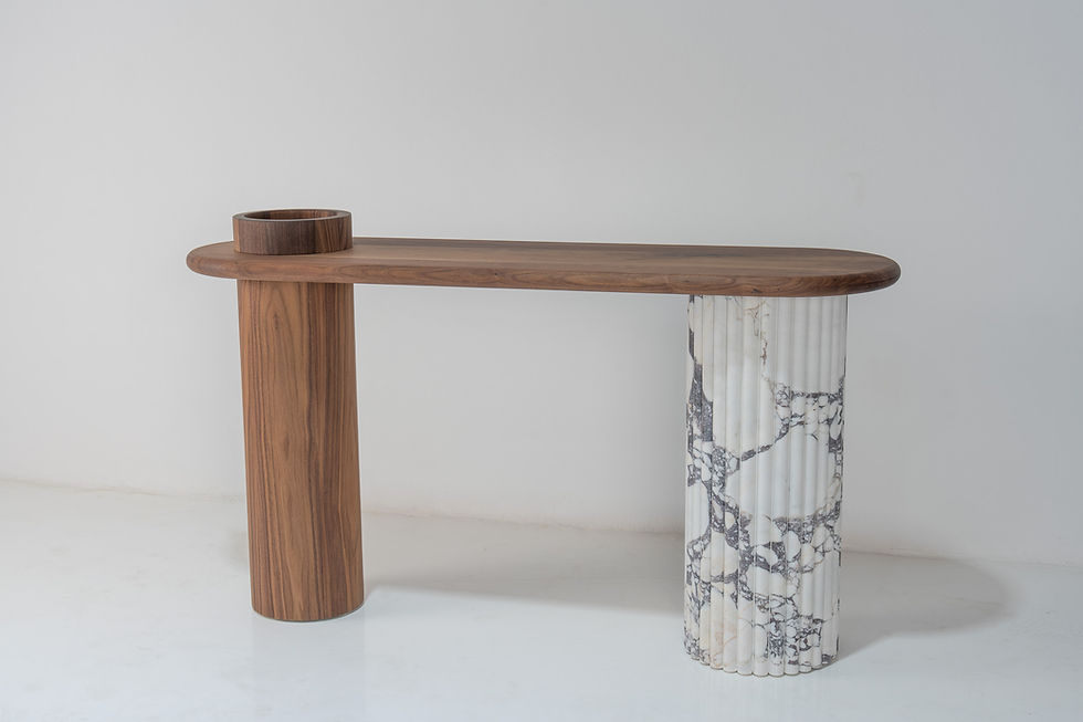 Thumbnail: Viola walnut console table in Dubai with Italian Calacatta Viola marble pedestal by Adams Furniture