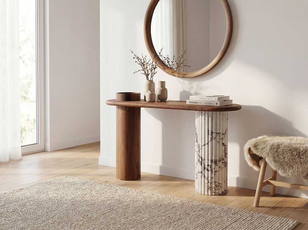 Viola walnut console table in Dubai with Italian Calacatta Viola marble pedestal by Adams Furniture