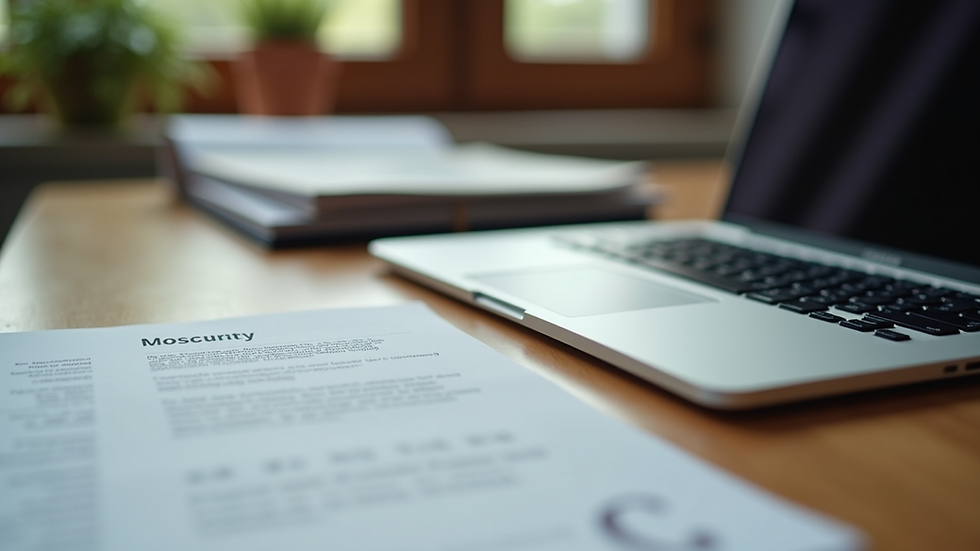Eye-level view of a laptop on a wooden desk with warranty documents