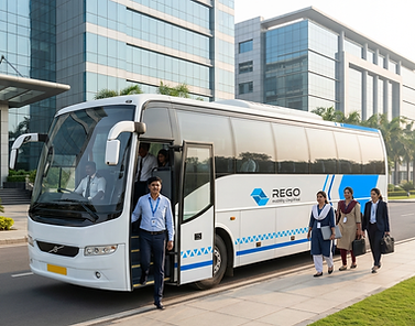 A Corporate Employee Getting Down From Rego's Shuttle Bus At His Corporate Office