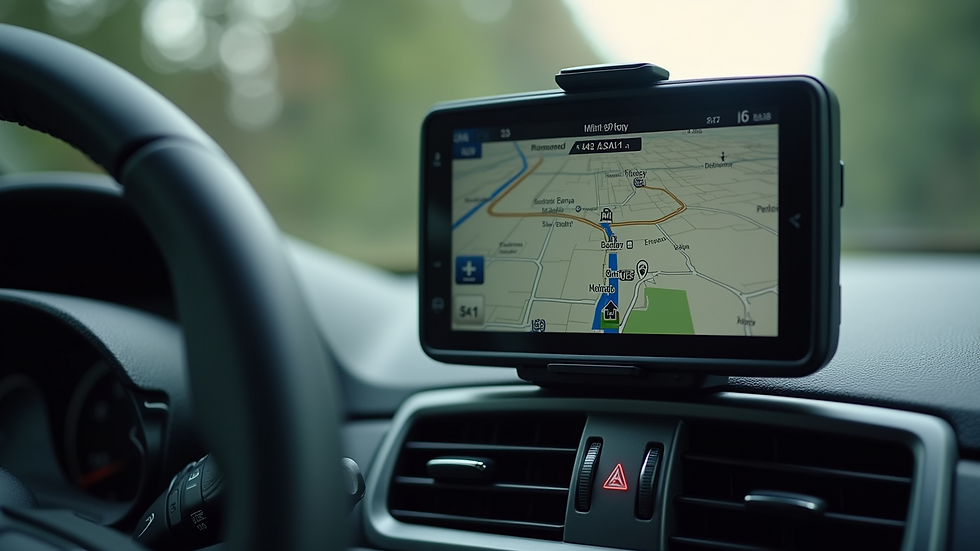 Close-up view of a GPS device showing a route map inside a vehicle