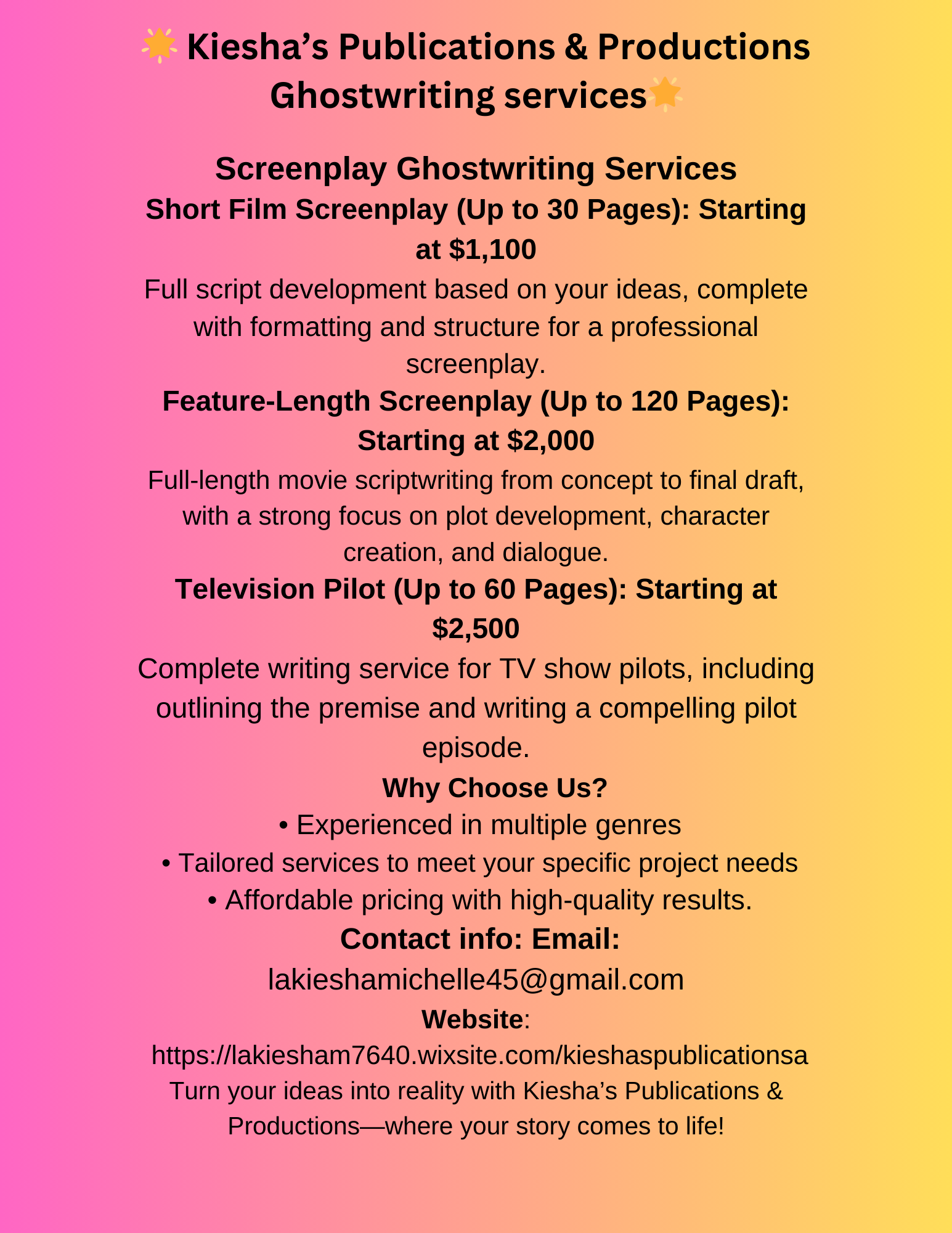 Ghostwriting price list