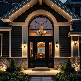 custom home view from side and black exterior potlights with visual chandelier through win