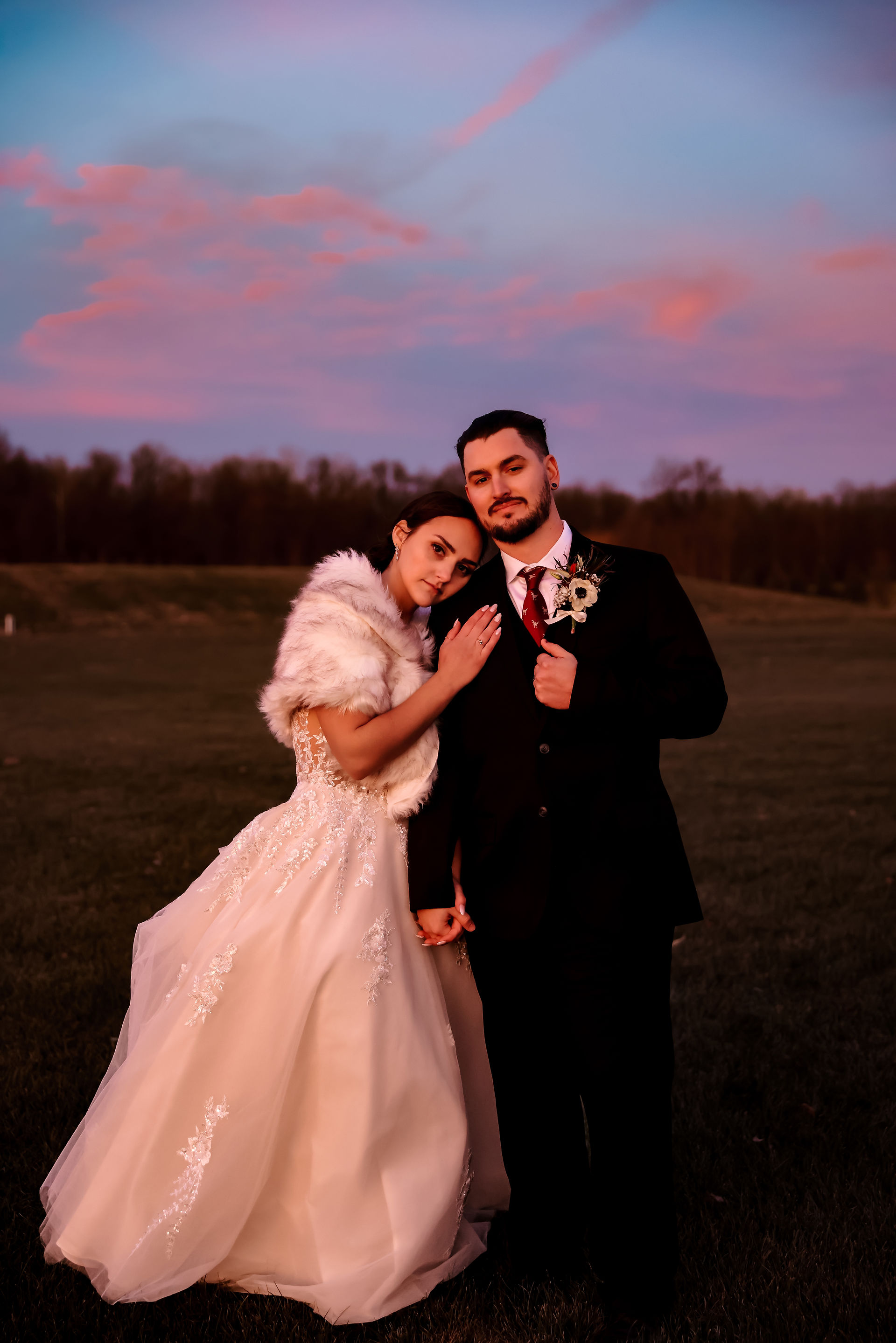 Bride and groom at sunset