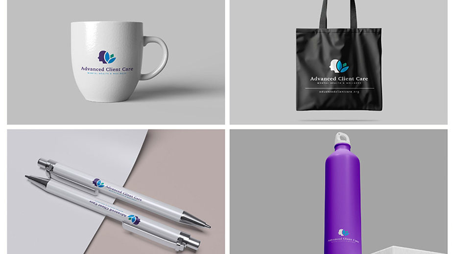 Image of branded merchandise including a mug, water bottle, tote bag, and pens, all featuring the new Advanced Client Care logo with a lotus flower inside a head silhouette.