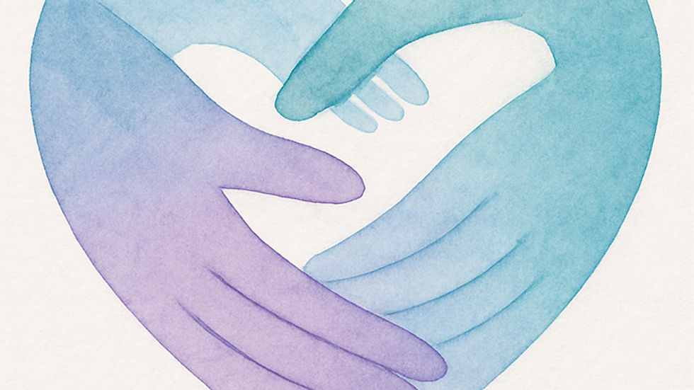 Watercolor-style illustration of two hands in teal, blue, and purple tones forming a heart shape, symbolizing healing, care, and human connection.