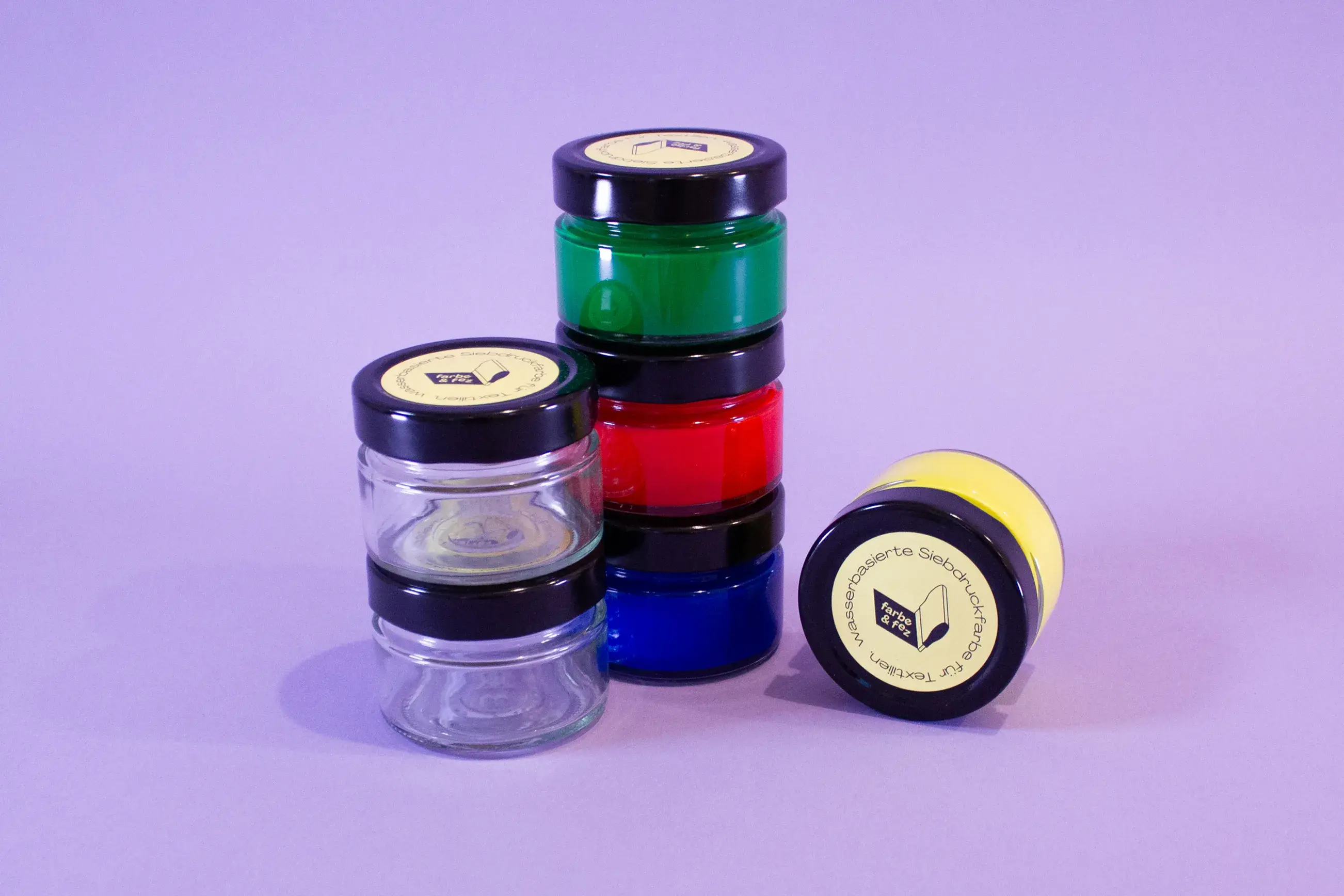 Siebdruckfarben Starter-Set: 4 Farben (nicht deckend) + 2 Mischgläser