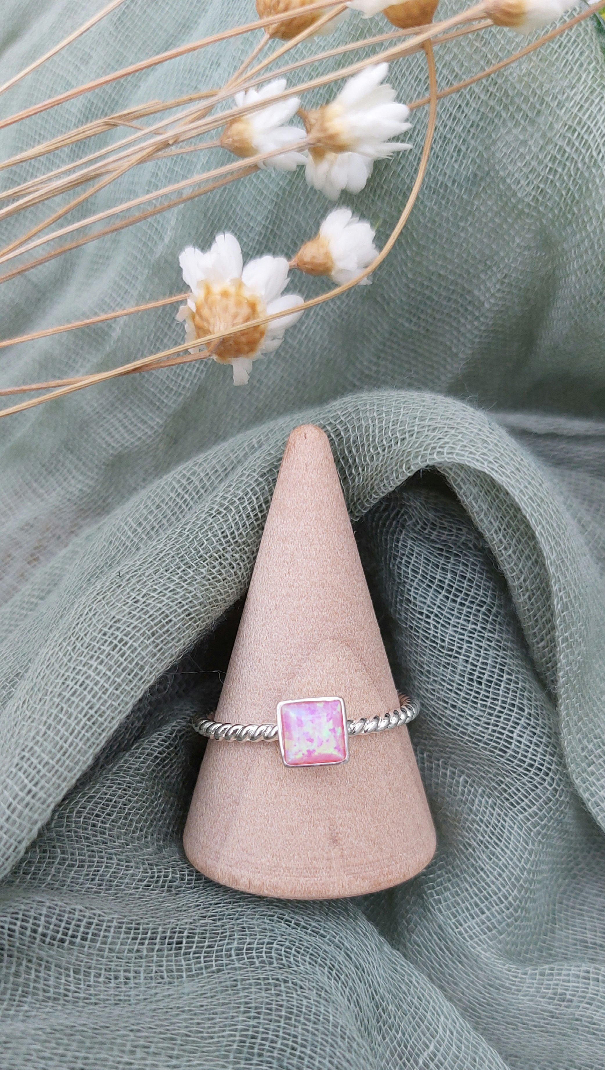 Square Pink Aurora opal Sterling Silver Twisted Ring