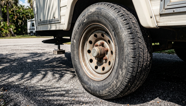 Close-up view of a travel trailer tire on pavement showing sidewall wear in bright Florida sun.