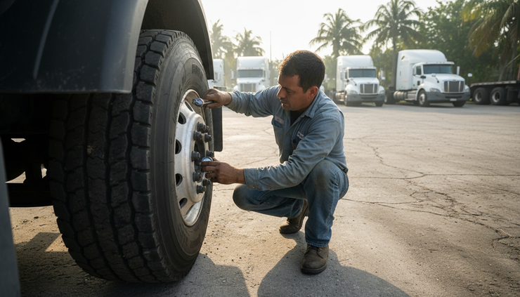 High-angle view of a truck driver inspecting a commercial tire before a trip