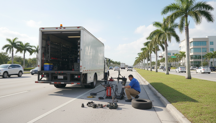 Wide-angle view of a mobile tire service truck helping a box truck on a Fort Lauderdale roadside