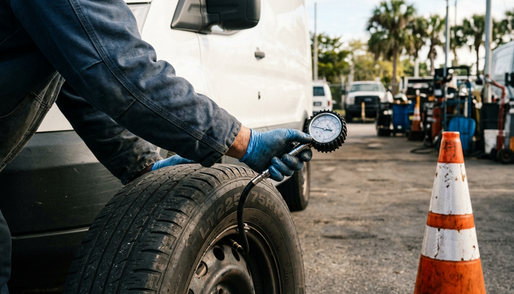 Close-up view of a technician checking tire pressure on a commercial van tire.