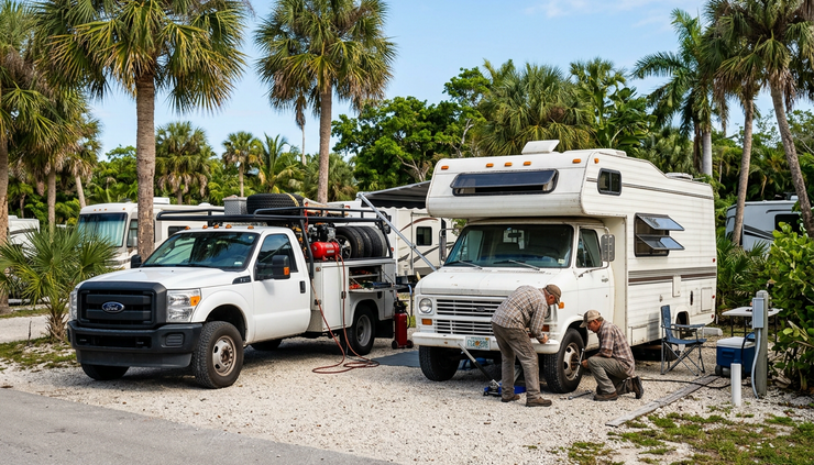 Wide-angle view of a camper parked at a sunny South Florida campground with a mobile tire service vehicle nearby.