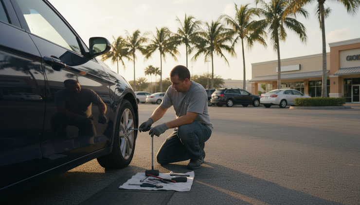 Eye-level view of a technician checking a damaged tire beside a parked car in a South Florida parking lot.