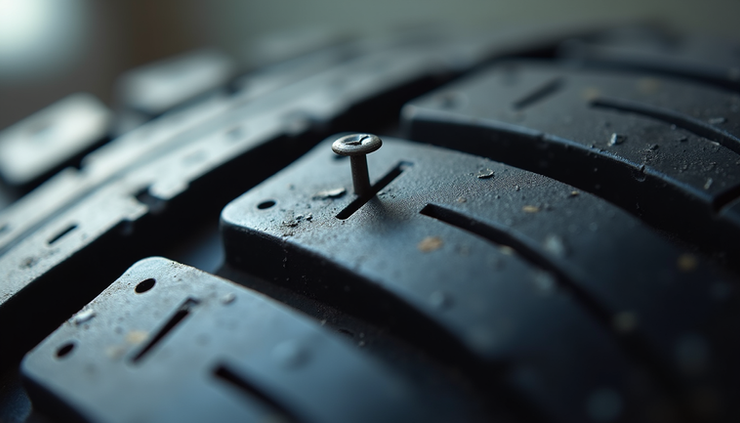 Close-up view of a car tire tread showing a small nail embedded