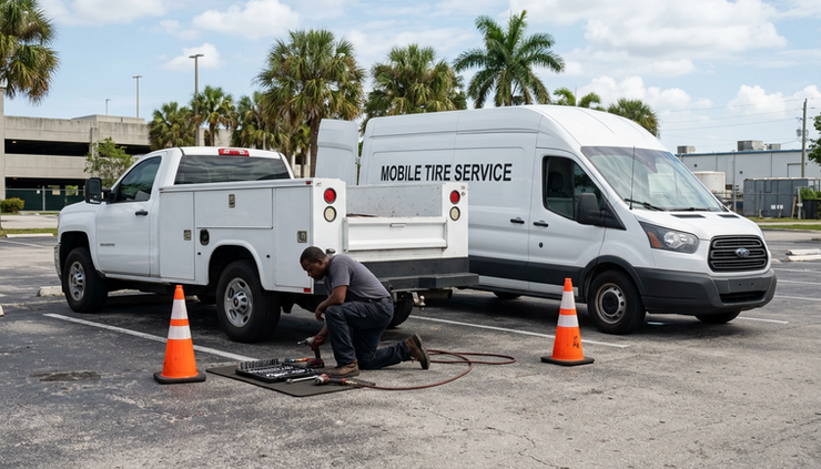 Eye-level view of a mobile tire service van beside a work truck in a Fort Lauderdale parking lot.
