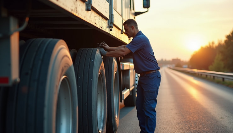 Eye-level view of a large truck receiving tire repair service on the roadside