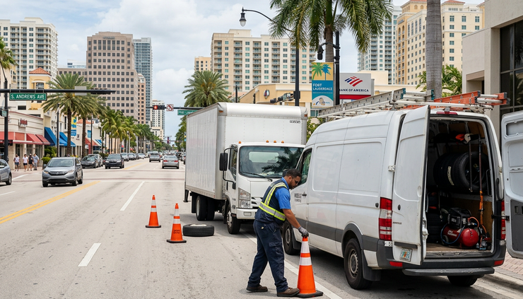 Wide-angle view of a service van parked near a box truck on a downtown Fort Lauderdale street.