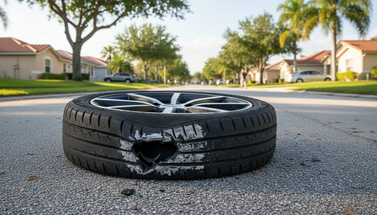 Low-angle view of a damaged car rim beside a flattened tire on pavement.