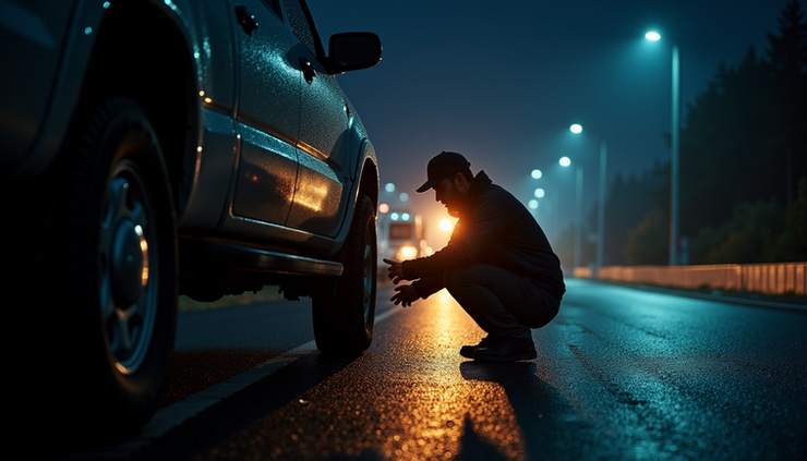Eye-level view of a roadside tire technician changing a flat tire on a dark highway