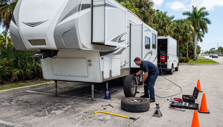 Eye-level view of a mobile tire technician working beside a fifth wheel camper at a roadside parking area.
