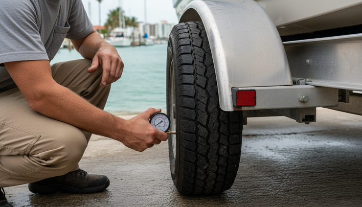Close-up view of a boat trailer tire being inspected near a marina ramp