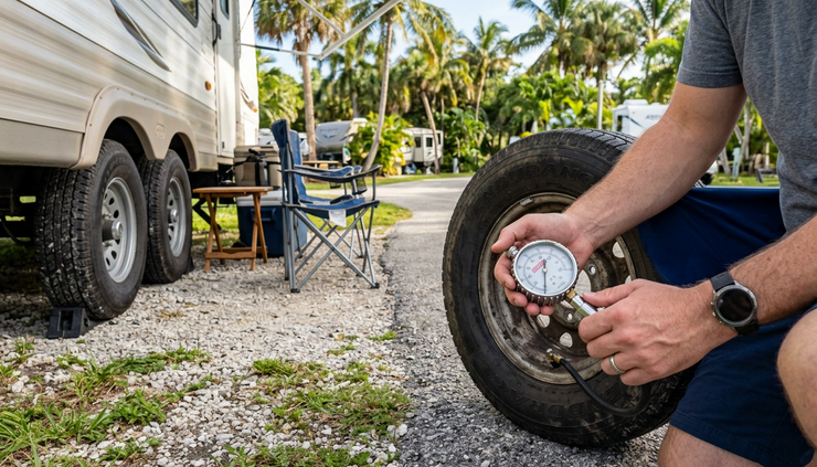 High-angle view of a camper tire pressure check at a campground site with camping gear nearby.