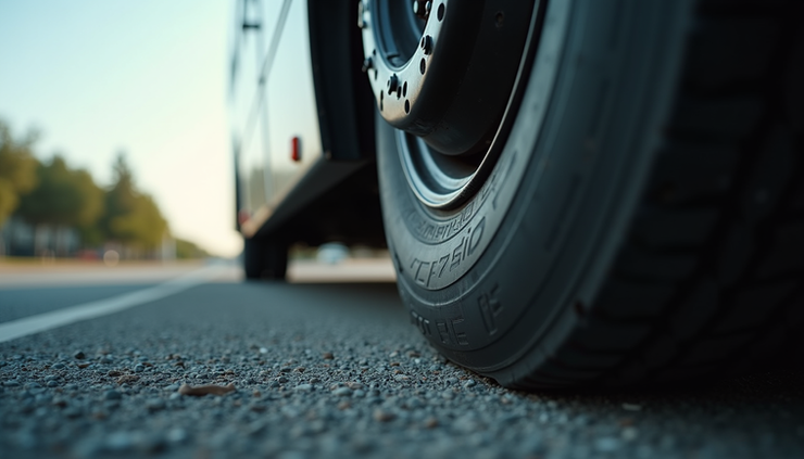 Close-up view of a bus tire showing tread and sidewall details
