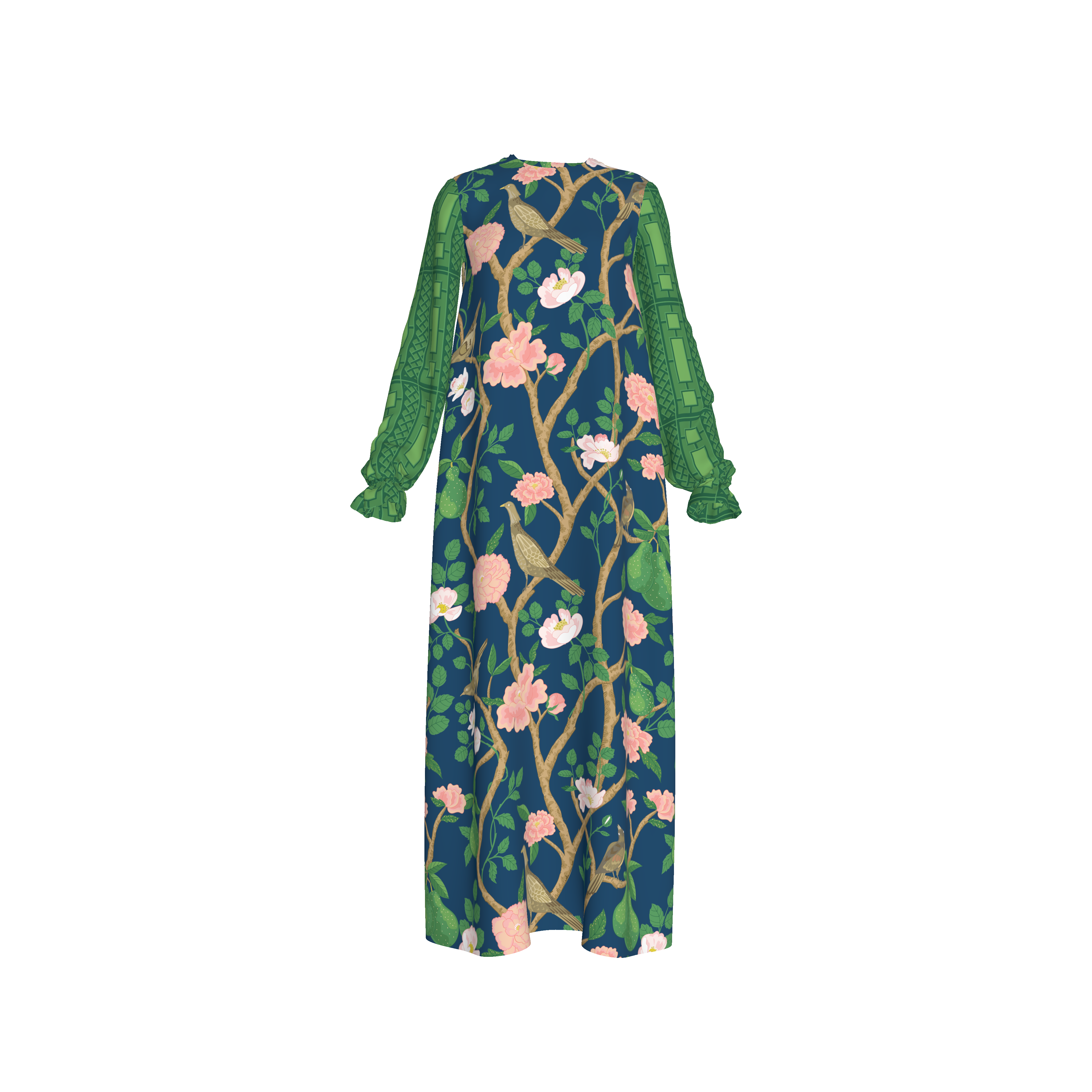 Greta Dress in Navy French Floral with Green Sleeves