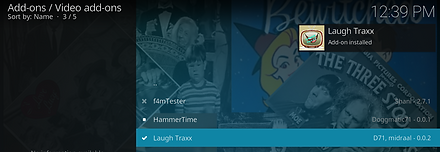 Wait for Laugh Traxx Add-on installed pop up at top right of screen