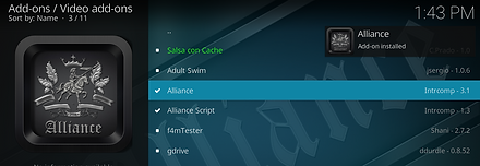 Wait for Alliance Add-on installed pop up at top right of screen