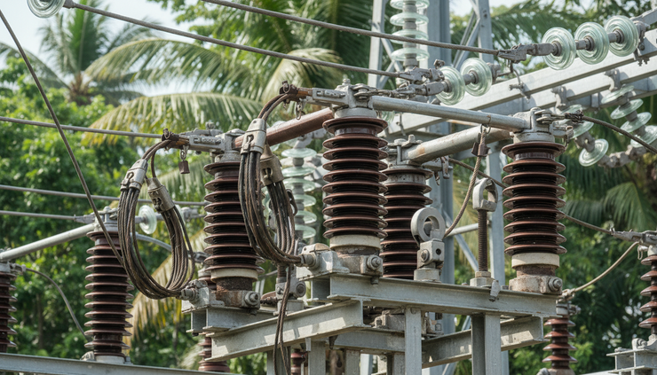Close-up view of transformer bushings and steel fittings inside a substation