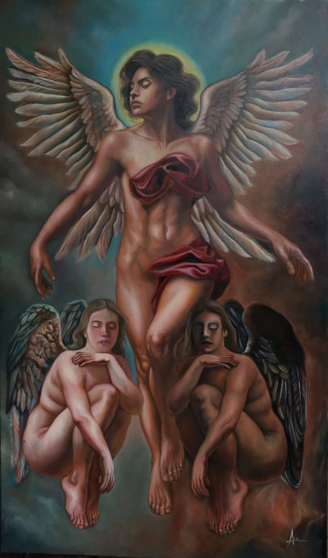 Con su obra en Óleo 'Entre la Gracia y La Tentación" Arvin Zelaya expone su arte en representación de Sabanagrande Francisco Morazán