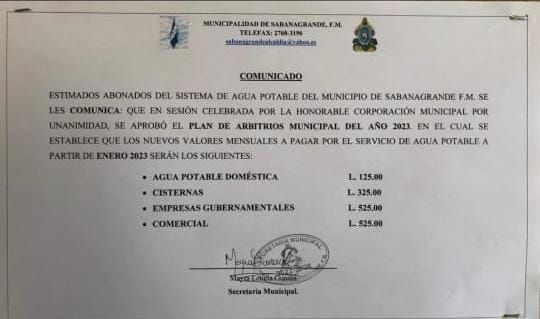 En Sabanagrande F.M.,  aumentan 25 lempiras al pago del servicio de agua potable para el 2023