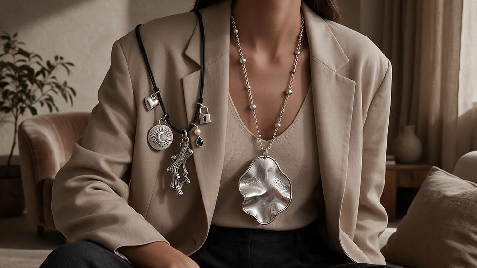 Modern pendant, charm and cord necklaces styled with a contemporary fashion outfit
