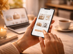 A close-up of a person browsing a minimalist, premium online store on a smartphone, with a softly lit workspace in the background, reflecting trust, ease, and confidence in digital brand interfaces.