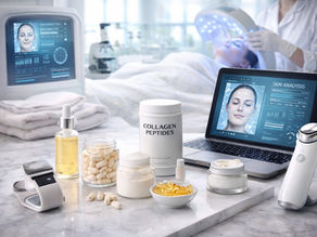 Modern beauty and wellness setup with skincare, herbal elements, and glass packaging representing beauty industry trends and global wellness market growth.