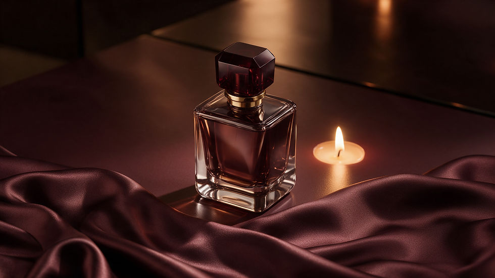Amber perfume bottle illuminated by candlelight against a deep burgundy background.