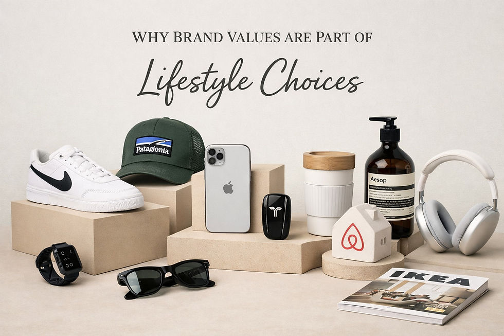Lifestyle products including a Nike shoe, Patagonia cap, iPhone, Tesla key, Aesop bottle, and more are displayed on beige blocks.