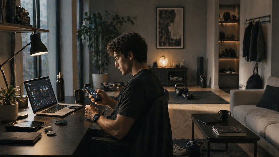 Young man in a modern apartment using his smartphone at a desk, with laptop, smartwatch, and a home workout area visible in the background, reflecting a connected lifestyle setup