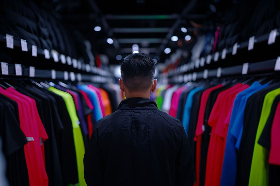 High angle view of a clothing rack filled with various sizes
