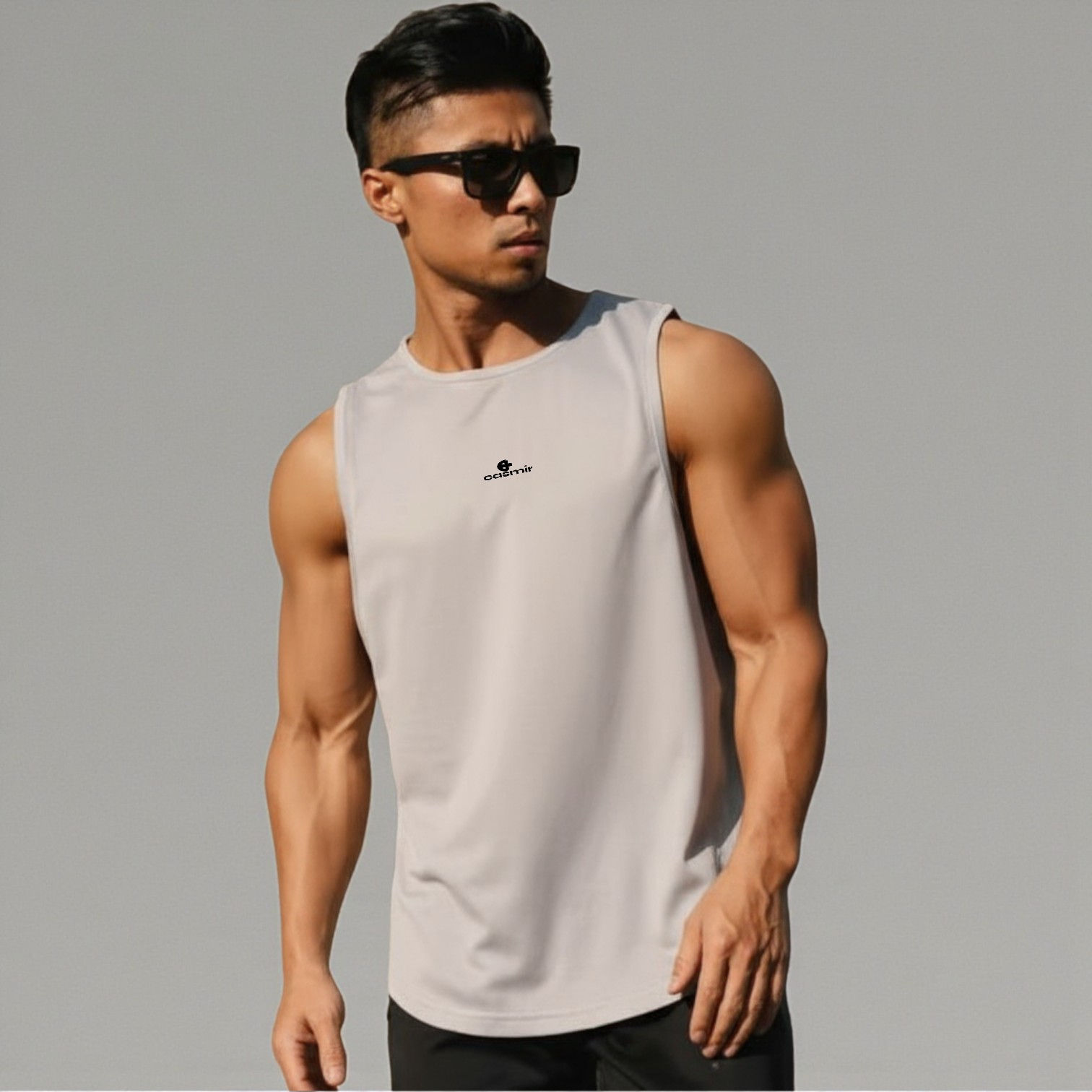 Casmir Train Harder tank top in grey — breathable men’s athletic shirt for workouts, gym training, and sports performance.
