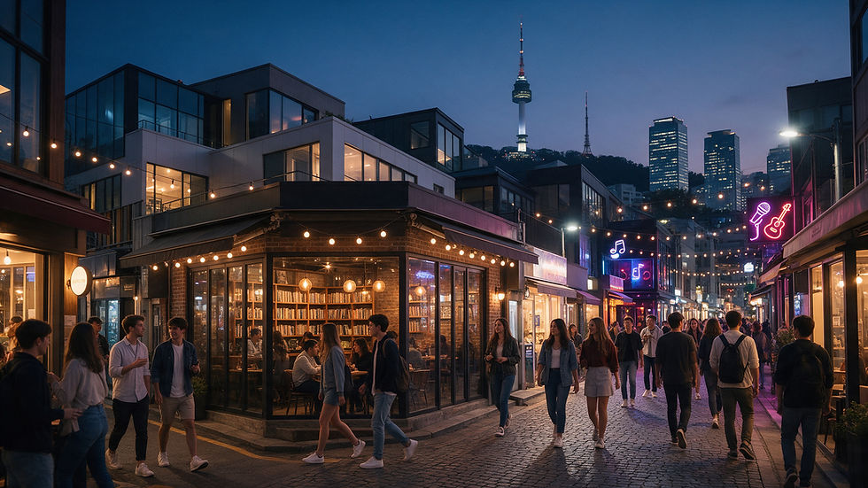 Travelers exploring a lively Seoul neighborhood shaped by Korean pop culture.