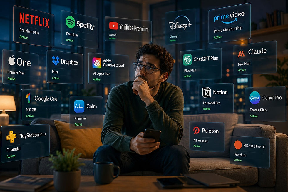 Man on a couch holding a phone, surrounded by glowing subscription cards for Netflix, Spotify, ChatGPT Plus, and more.