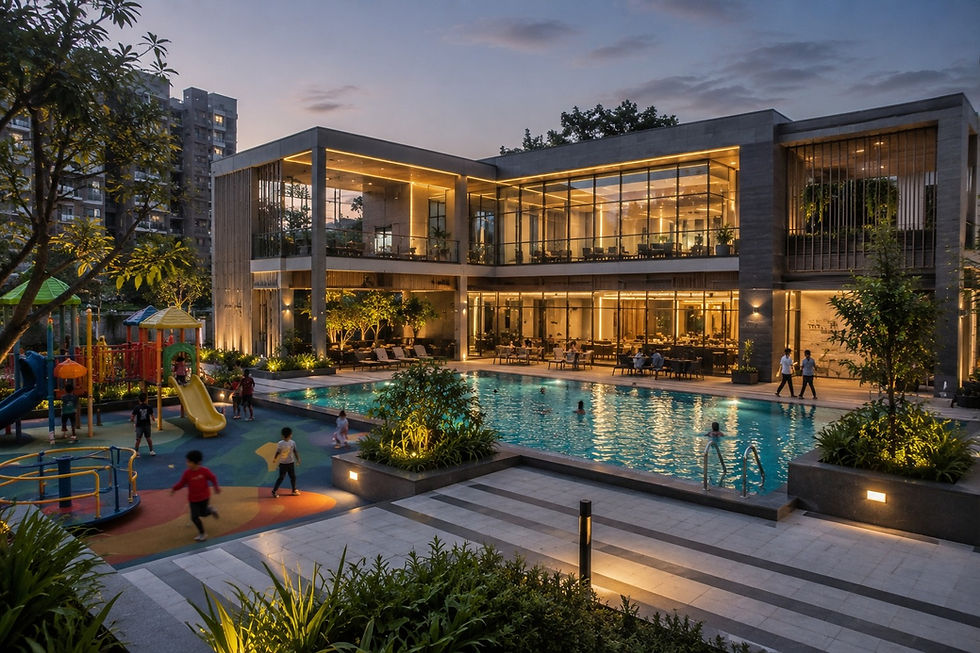 Residential building clubhouse with swimming pool and children's play area